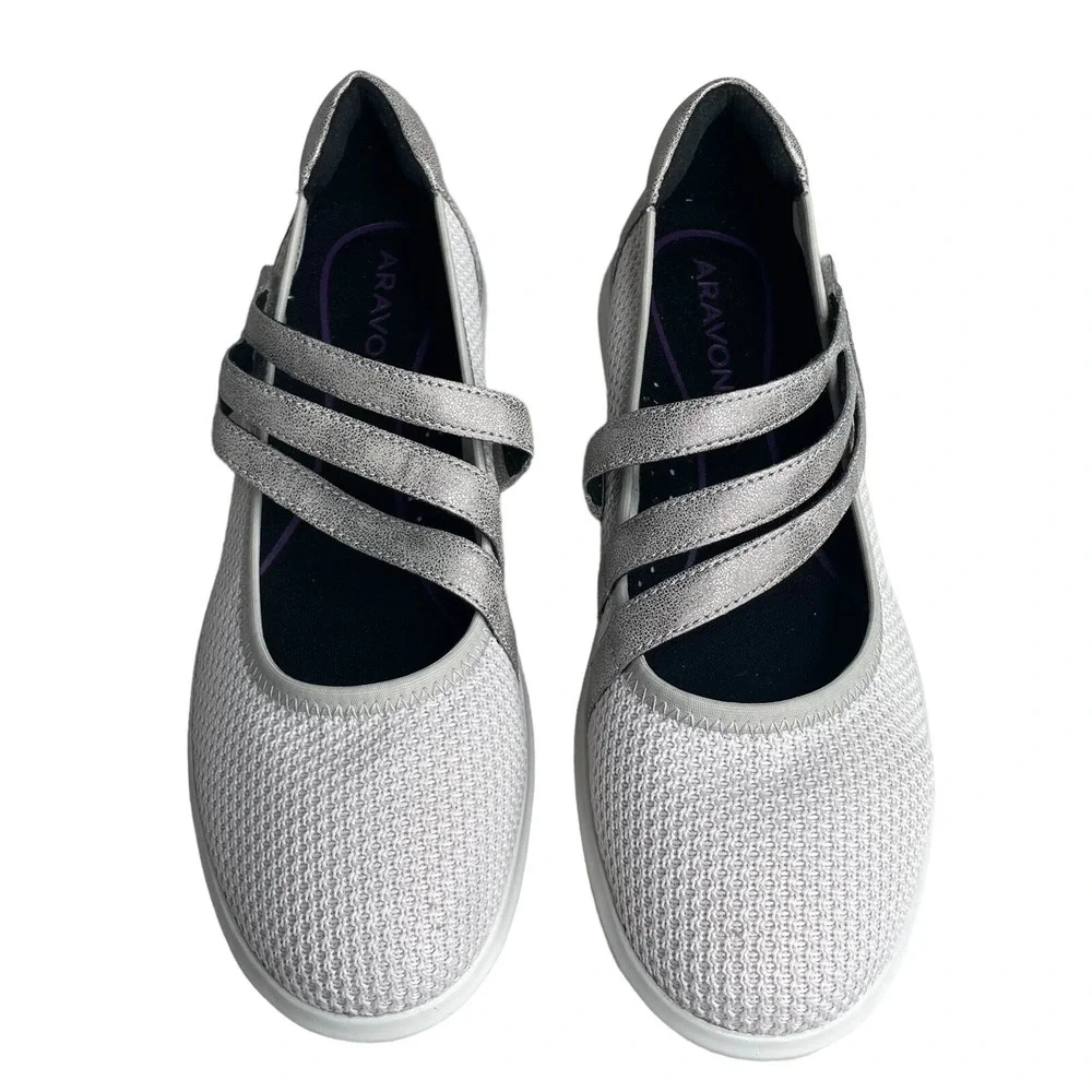 Aravon Womens 8B White Silver Knit Mary Jane Comfort Walking Shoes Hook Loop